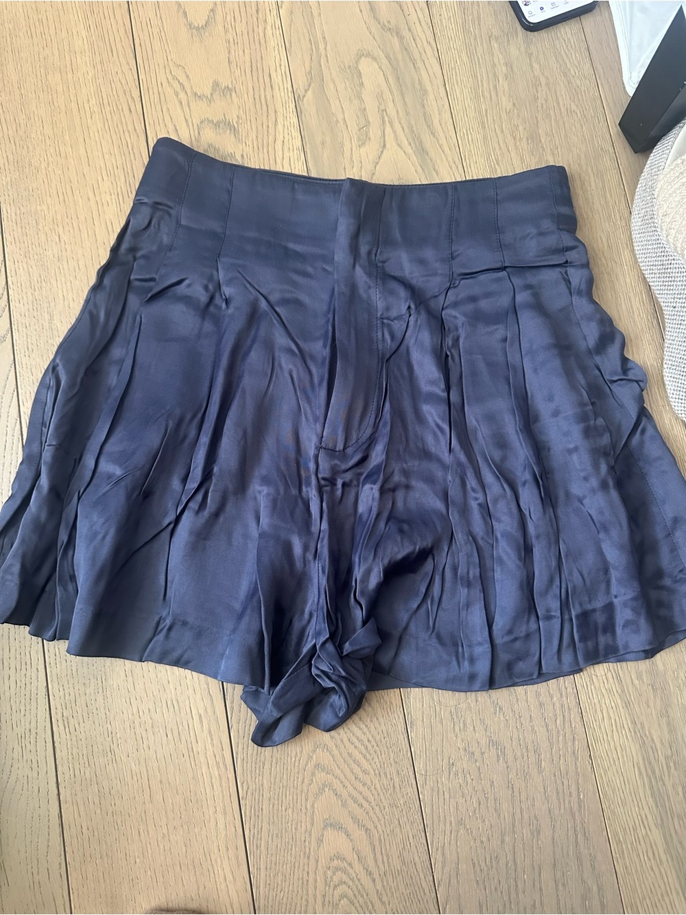Zara Navy High-Waist Pleated Satin Shorts
